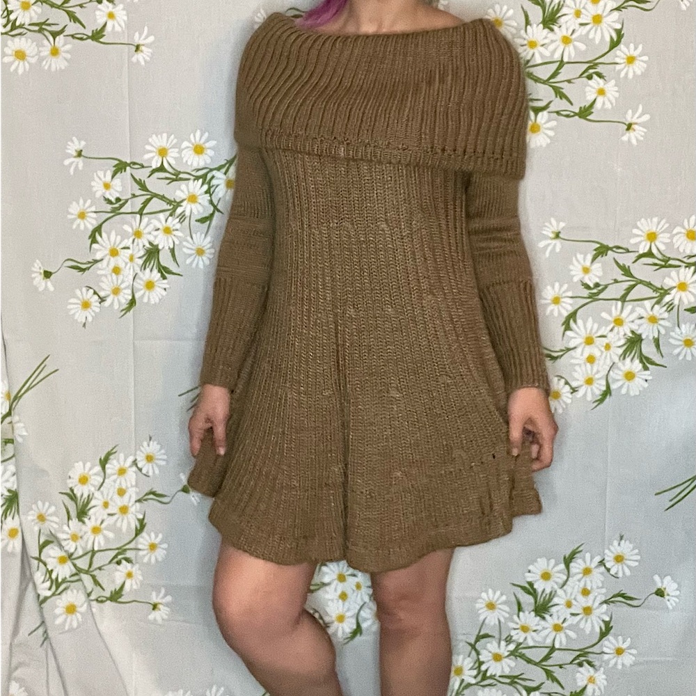 Anthropologie Shae wool brown off shoulder long sleeve flare hem sweater dress